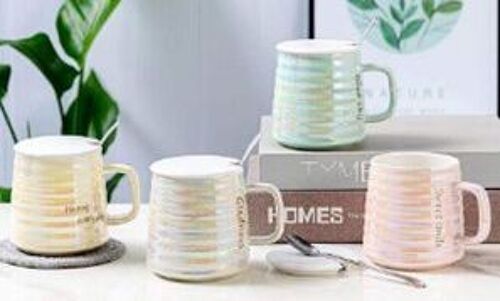 Ceramic mug with lid and spoon, in 4 iridescent pastel colors GREEN - YELLOW - PINK - WHITE DF-706
