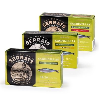 Assortment of Sardines in olive, lemon and spicy - 16/20 pieces - 115g can - Conservas Serrats
