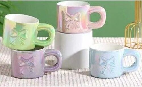 Ceramic mug with bow, in 4 pastel iridescent colors GREEN - PURPLE - PINK - BLUE DF-707