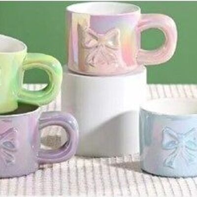 Ceramic mug with bow, in 4 pastel iridescent colors GREEN - PURPLE - PINK - BLUE DF-707
