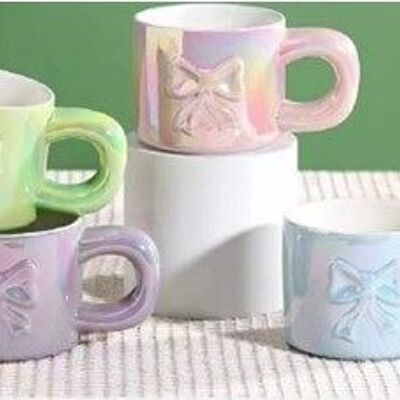 Mug en céramique avec noeud, en 4 couleurs pastel irisées VERT - VIOLET - ROSE - BLEU DF-707