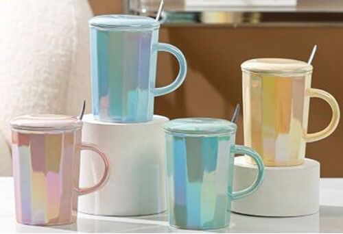 Ceramic mug with lid and spoon, in 4 pastel iridescent colors GREEN - PINK - BLUE - YELLOW DF-708