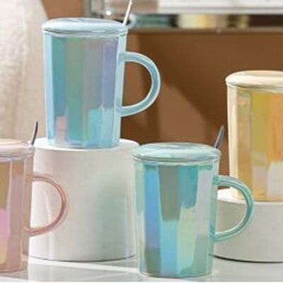 Ceramic mug with lid and spoon, in 4 pastel iridescent colors GREEN - PINK - BLUE - YELLOW DF-708