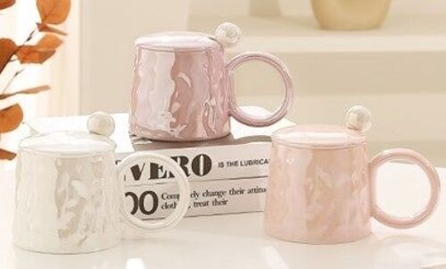 Ceramic mug with lid and spoon, in 3 pastel iridescent colors WHITE - PINK - BEIGE DF-709