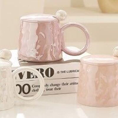 Ceramic mug with lid and spoon, in 3 pastel iridescent colors WHITE - PINK - BEIGE DF-709