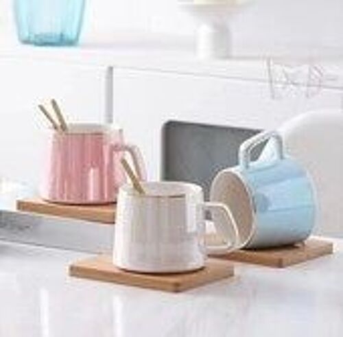 Ceramic mug with wooden saucer, in 3 iridescent pastel colors PINK - BLUE - WHITE DF-712