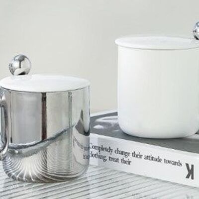 Ceramic mug with lid and spoon, in 2 silver - white combinations DF-715