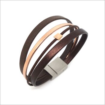 Bracelet manchette cuir femme chocolat et or rose 1