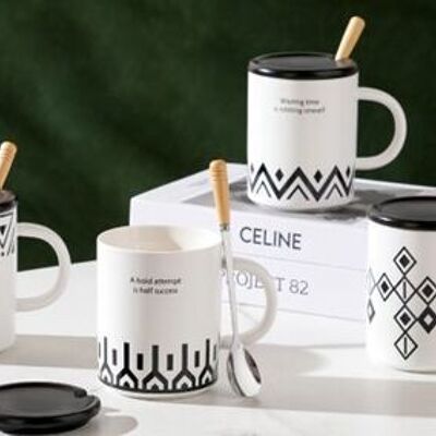 Ceramic mug with lid and spoon, geometric designs, in white and black, 4 designs DF-722