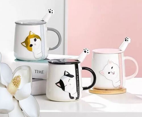 Ceramic mug with lid and spoon, cat theme, in 3 designs DF-727
