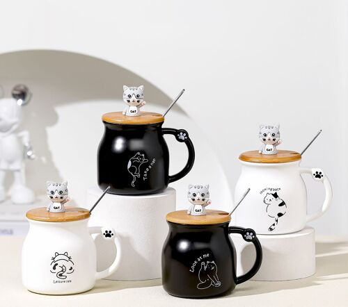 Ceramic mug with wooden lid and spoon, cat theme, in 4 designs DF-726