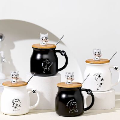 Taza de cerámica con tapa de madera y cuchara, tema gato, en 4 diseños DF-726