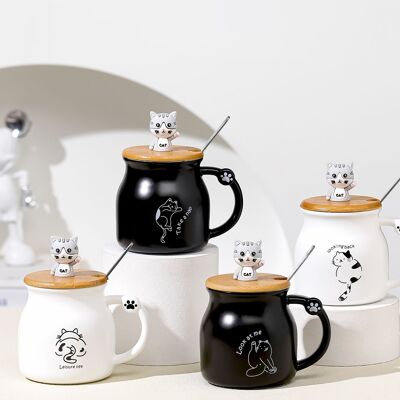 Ceramic mug with wooden lid and spoon, cat theme, in 4 designs DF-726