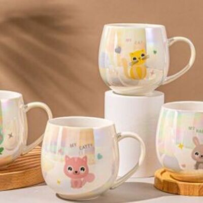 Taza de cerámica con temática de animales, colores iridiscentes, en 4 diseños DF-728