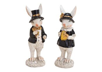 Lapin homme et femme en poly blanc / noir 2 fois, (L / H / P) 4x10x3cm