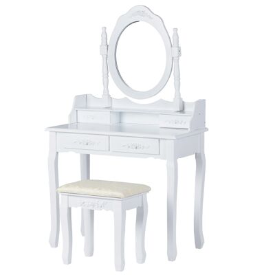 Wooden dressing table - classic white - with mirror and stool - 70x40x136 cm