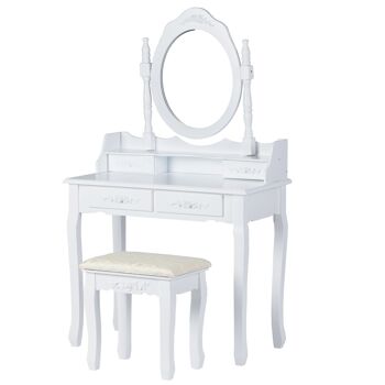 Coiffeuse en bois - blanc classique - avec miroir et tabouret - 70x40x136 cm