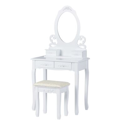 Coiffeuse en bois blanc - 68x40x139 cm - avec tabouret et miroir