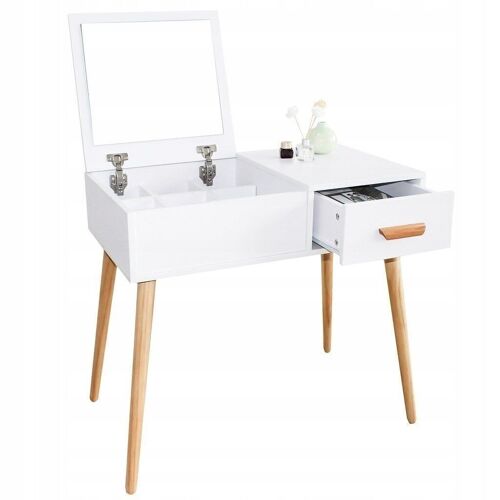 Houten kaptafel met inklap spiegel - witte dressoirtafel - 80x44x75 cm