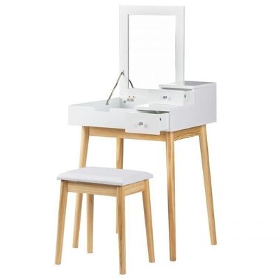 White wooden dressing table with folding mirror and drawers - 60x50x76 cm