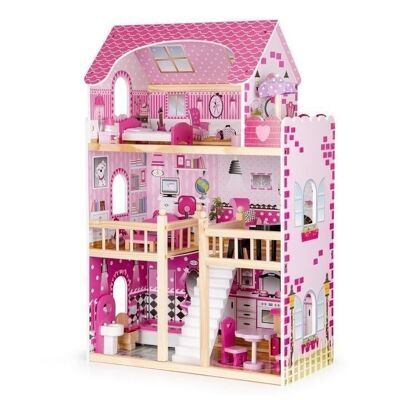 Casa delle bambole in legno rosa a 3 piani 59x30x90 cm