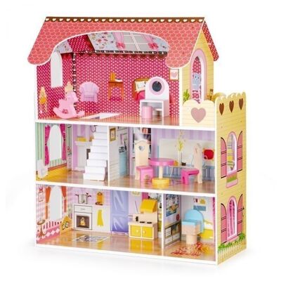 Casa de muñecas de madera con iluminación LED - rosa - 60x27x79 cm