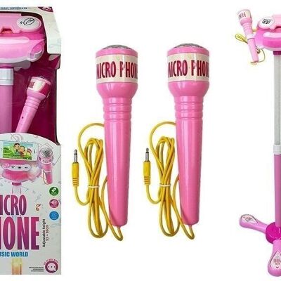 Set de Karaoke de juguete con micrófonos y trípode rosas.