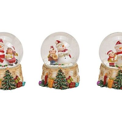 Snow globe snowman with instruments made of poly, colorful glass 3-fold, (W/H/D) 7x9x7cm