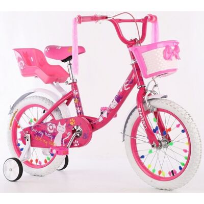 Children's bicycle with training wheels - pink kitten decorations - with basket and doll carrier