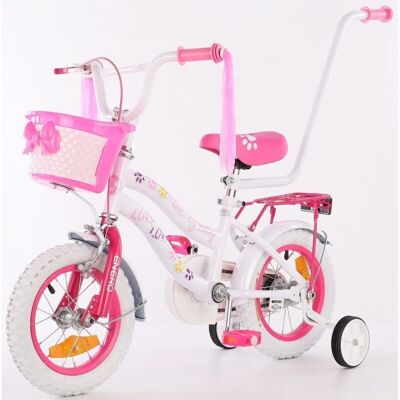 Children's bicycle with training wheels - with push bar - white with pink kitten -