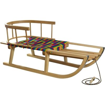 Wooden sled with backrest and woven seat