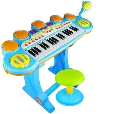 Piano con teclado de juguete, batería incluida, micrófono, taburete