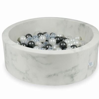 Piscine à balles en marbre avec 200 boules de nacre, boules métalliques et transparentes - 90 x 30 cm - ronde
