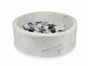 Piscine à balles en marbre avec 200 boules de nacre, boules métalliques et transparentes - 90 x 30 cm - ronde