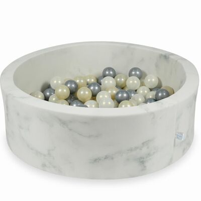 Piscine à balles en marbre avec 200 boules claires dorées, argentées et irisées - 90 x 30 cm - ronde