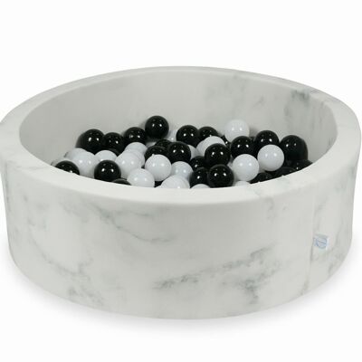 Piscine à balles en marbre avec 200 boules noires et blanches - 90 x 30 cm - ronde