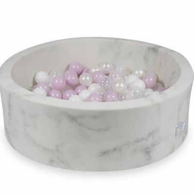 Bällebad aus Marmor mit 200 hellrosa Perlmutt-weiß-transparenten Kugeln – 90 x 30 cm – rund