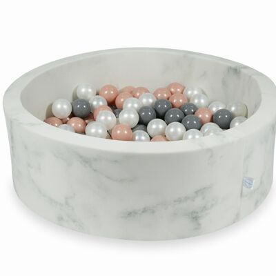Bällebad aus Marmor mit 200 Kugeln aus Roségold, Grau und Perlmutt – 90 x 30 cm – rund