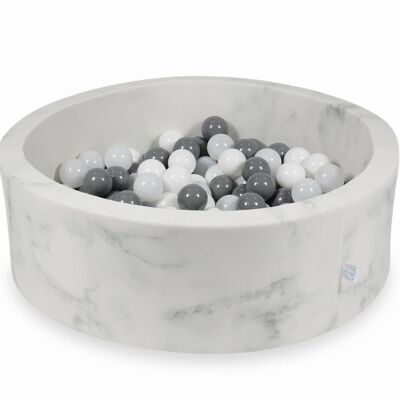 Piscina de bolas de mármol con 200 bolas blancas, grises y plateadas - 90 x 30 cm - redonda