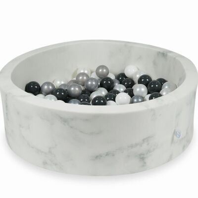 Ball pit marble with 200 white mother-of-pearl silver and graphite balls - 90 x 30 cm - round