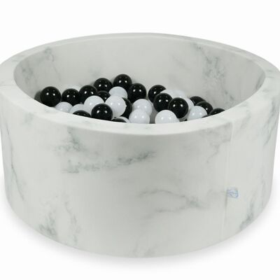 Piscine à balles en marbre avec 300 boules noires et blanches - 90 x 40 cm - ronde