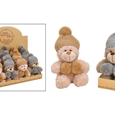 Bear with knitted hat made of plush brown 2-way