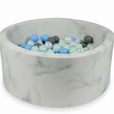 Piscina de bolas de mármol con 300 bolas verde menta, azul claro, gris y nácar - 90 x 40 cm - redonda
