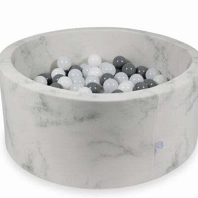 Bällebad aus Marmor mit 300 weißen, grauen und dunkelgrauen Bällen – 90 x 40 cm – rund