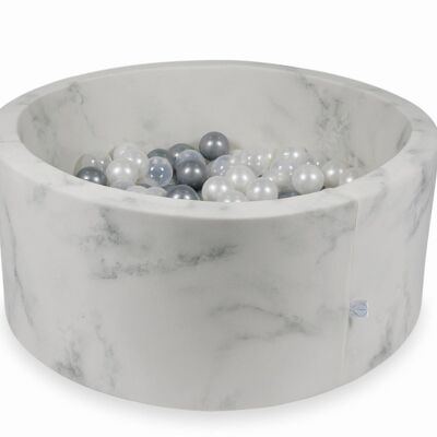 Bällebad aus Marmor mit 300 transparenten und silbernen Perlmuttkugeln - 90 x 40 cm - rund
