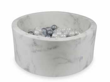 Piscine à boules en marbre avec 300 boules en nacre transparente et argentée - 90 x 40 cm - ronde