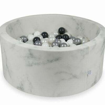 Marmor-Bällebad mit 300 weißen Perlmutt-Silber-Graphit-Kugeln – 90 x 40 cm – rund