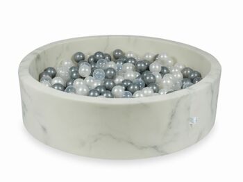 Piscine à boules en marbre avec 400 boules en nacre, transparentes, argentées 115 x 30 cm - ronde