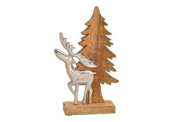 Support pour sapin de Noël en bois de manguier avec élan en métal, marron argenté (L/H/P) 15x30x6 cm