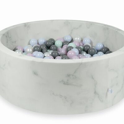 Bällebad aus Marmor mit 500 Bällen in Hellmint, Rosa Perlmutt, Hellblau und Grau – 115 x 40 cm – rund